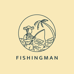 Minimalist fishing man logo line art illustration template design with circle