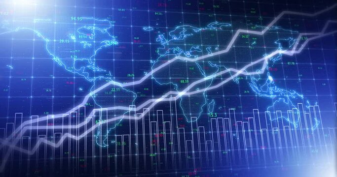 3d chart, graphs and futuristic world map or growth of world economy in the background. Global money data, investment and stock market financial statistics and analytics for crypto, nft or forex.