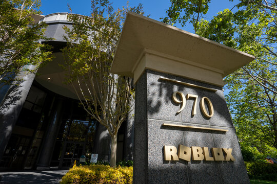 Roblox sign logo at headquarters. Roblox is an online gaming