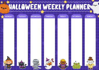 Vector Halloween weekly planner with traditional holiday symbols. Cute autumn all saints day calendar or timetable for kids. Scary trick or treat poster with cute kawaii witch, vampire, ghost.