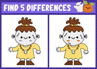 Halloween find differences game for children. Attention skills activity with cute voodoo or Frankenstein monster. Puzzle for kids with funny characters. Printable what is different worksheet.