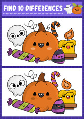 Halloween find differences game for children. Attention skills activity with cute pumpkin, sweets, skull and candle. Puzzle for kids with funny characters. Printable what is different worksheet.