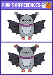 Halloween find differences game for children. Attention skills activity with cute bat. Puzzle for kids with funny character. Printable what is different worksheet.
