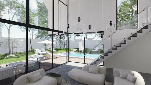 Interior of a modern living room in a house 3D animation.