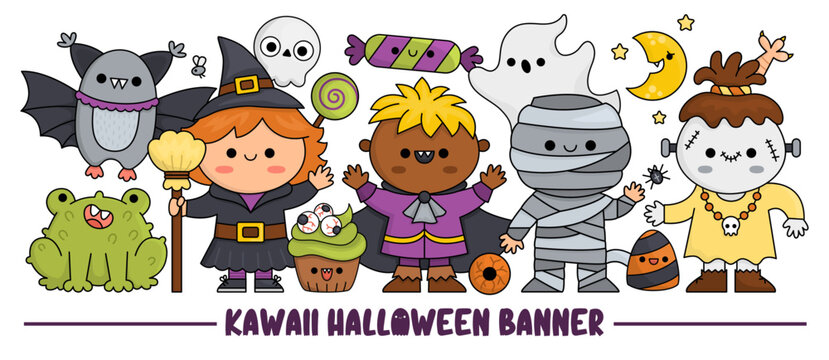 Halloween horizontal banner with cute kawaii characters for kids. Vector witch standing with vampire, mummy, bat, ghost. Cute All saints day illustration. Funny trick or treat party set for kids