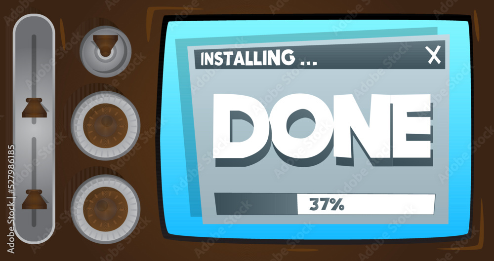 Poster cartoon computer with the word done. message of a screen displaying an installation window.
