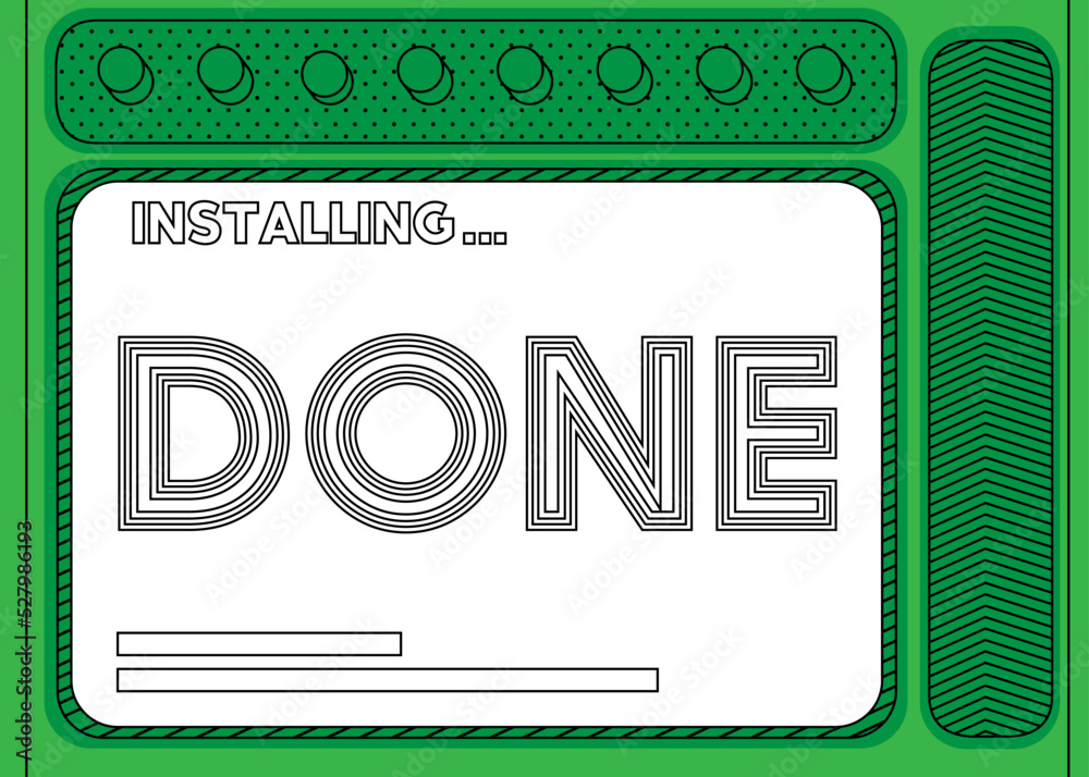 Poster cartoon computer with the word done. message of a screen displaying an installation window.