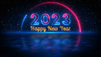Fototapeta na wymiar Futuristic Blue Red Shine Happy New Year 2023 Greeting Neon Sign With Light Reflection On Blue Water Surface On Starry night Sky