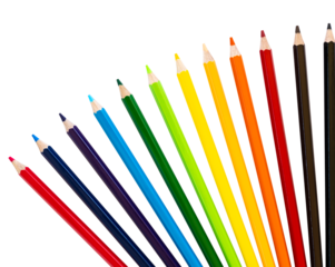 Background isolates of colored pencils in a variety of beautiful colors arranged in a semicircle like a fan against a white background.