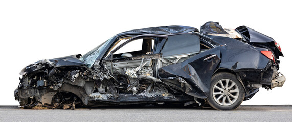 Isolated of the condition of a long black sedan, which was demolished due to an accident, severely...