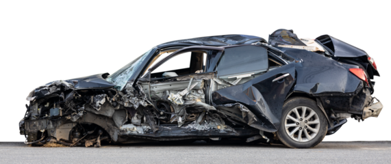 Isolated of the condition of a long black sedan, which was demolished due to an accident, severely collided with another car causing damage until the front tire disappeared, often seen on Thai roads.
