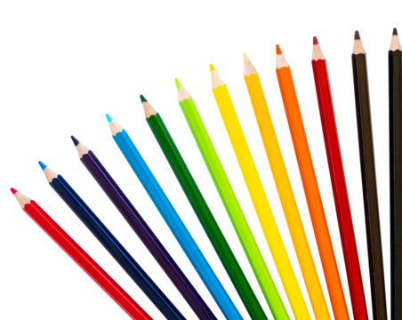 Background isolates of colored pencils in a variety of beautiful colors arranged in a semicircle like a fan against a white background.