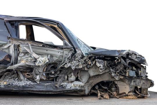 A close-up isolate on the side of the front of a black car, smashed into wreckage, cannot be repaired and reused due to a collision with another vehicle, causing severe damage.