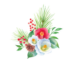 紅白の椿のお正月飾りの水彩イラスト。松、ナンテン、椿の花。縁起物。（透過背景）