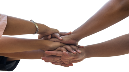 A close-up view of isolates, the hands of many Thai children are joining together in harmony and love to work together to achieve something well.