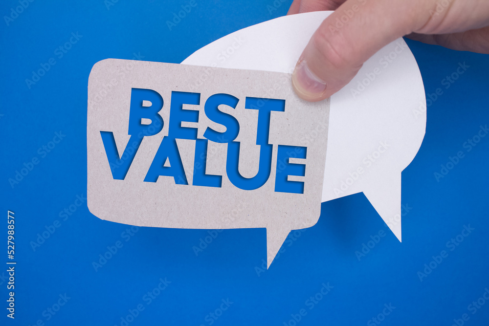 Poster speech bubble in front of colored background with best value text.