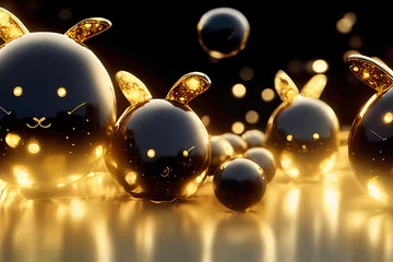 Frohes neues Jahr Chinesisches Kaninchen 2023. Kaninchengoldfolienballons und goldene Weihnachtskugeln auf einem glänzenden funkelnden Hintergrund. Vorlage für festliche Karten, Banner und Poster. 3D-Rendering © Viks_jin