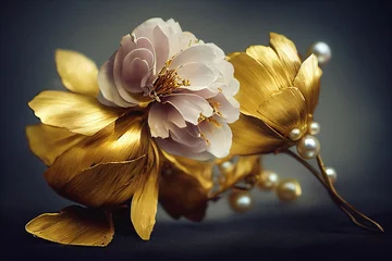 Vintage-Komposition aus schönen Goldblumen und Perlen. Natürlicher Blumenhintergrund. Romantische Mustervorlage für Hochzeitseinladungen und Zeremonien. Digitale Illustration © Viks_jin