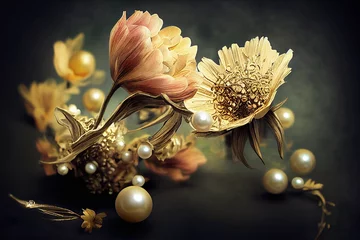 Vintage-Komposition aus schönen Goldblumen und Perlen. Natürlicher Blumenhintergrund. Romantische Mustervorlage für Hochzeitseinladungen und Zeremonien. Digitale Illustration © Viks_jin