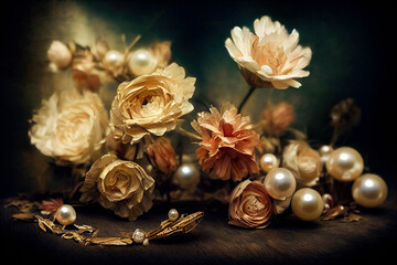  Vintage composition of beautiful gold flowers and pearls. Natural floral background. Romantic pattern template for wedding invitations, and ceremonies. Digital illustration