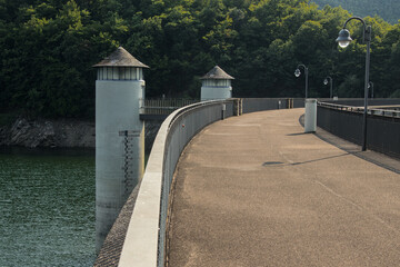 Panorama of the dam and surrounding countryside in summer on a clear sunny day