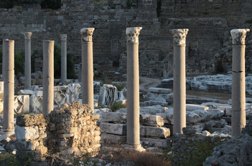 Fototapeta premium Historical building with marble columns. Elements of architectural decoration. Ancient city ruins.