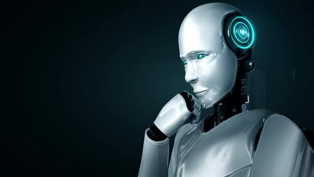 Futuristic robot artificial intelligence huminoid AI programming coding technology development and machine learning concept. Robotic bionic science research for future of human life. 3D rendering.
