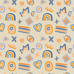 Abstract pattern on a beige background. Various geometric shapes. Abstraction. Blue. Orange. Fabric print. Vector abstract pattern.