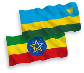 National vector fabric wave flags of Republic of Rwanda and Ethiopia isolated on white background. 1 to 2 proportion.
