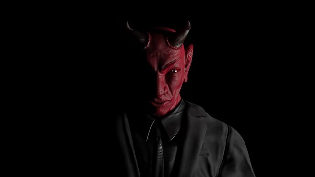 Appearance of red devil from the darkness. light from the side. Horror or religion concept scene. Animation, 3D Render.