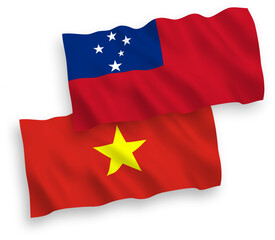 National vector fabric wave flags of Independent State of Samoa and Vietnam isolated on white background. 1 to 2 proportion.