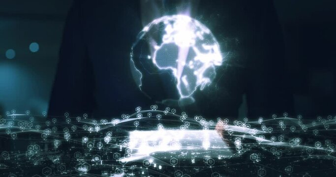 Global, 3D VR and big data on digital tablet with businessman in dark for information technology or international company software. Cyberpunk fintech, crypto trading or an ai innovation matrix system