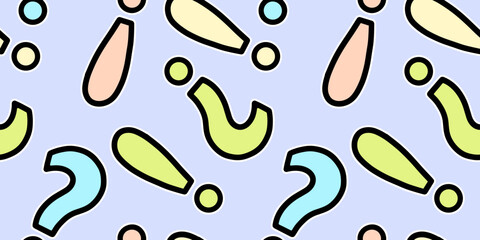 Exclamation and question marks, punctuation marks, amazement, vector seamless pattern in the style of doodles, hand drawn