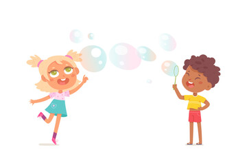 Kids play with soap bubbles, adorable girl jumping for big spheres, boy holding stick