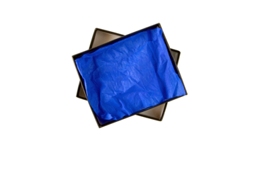 Opened black flat rectangular cardboard box with blue crumpled wrapping paper top view isolated transparent png