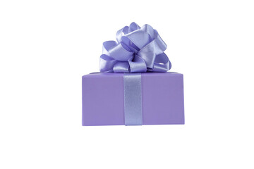 Obraz premium Purple gift box with satin ribbon bow side view isolated transparent png. Spring holidays present.