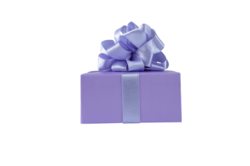 Purple gift box with satin ribbon bow side view isolated transparent png. Spring holidays present.