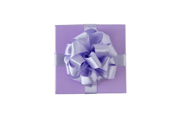 Purple gift box with satin ribbon bow top view isolated transparent png. Spring holidays present.