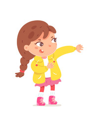 Cute girl wearing jacket, isolated adorable kid standing, little blonde dressing up