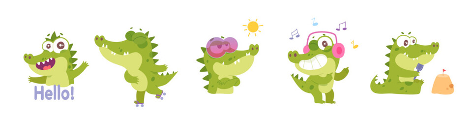 Crocodile characters set, animal greeting friends, roller skating, building sand castle