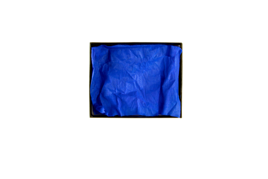 Opened flat rectangular cardboard box with blue crumpled wrapping paper top view isolated transparent png