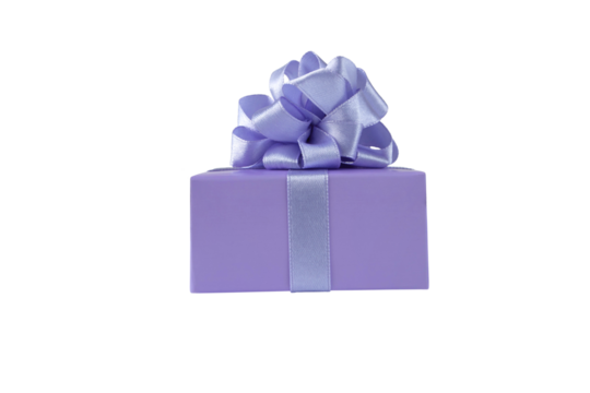 Purple gift box with satin ribbon bow side view isolated transparent png. Spring holidays present. - Powered by Adobe