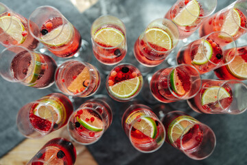 Alcoholic beverages at a wedding. Glasses and drinks at an event.