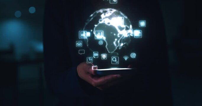Futuristic phone hologram with global networking communication, web and internet app. Man with digital 3d earth or virtual cyber world of iot innovation technology, digital transformation and telecom