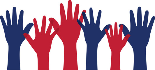 Silhouette of blue and red colored raising hands as United States of America Flag symbol. United States elections concept.	