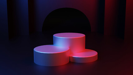 Three cylinder podium neon concept background, 3D rendering