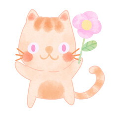 Happy cat with flower cartoon watercolor illustration isolated on white background 