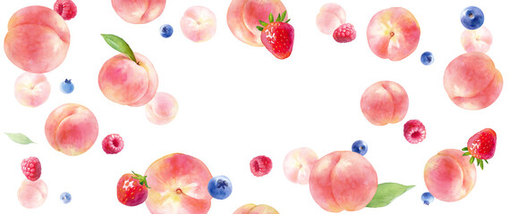 ジューシーな桃とベリーの水彩イラスト。フレーム背景デザイン。横長サイズ。（透過背景）