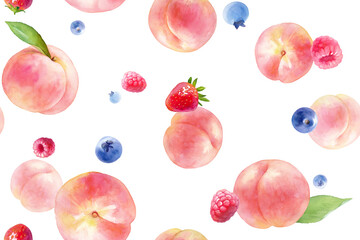 フレッシュな桃とベリーの混合模様の水彩イラスト。シームレスパターン。壁紙。（透過背景）
