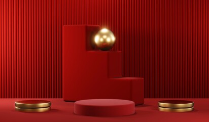 3D rendering of blank product background for cream cosmetics Modern red podium background